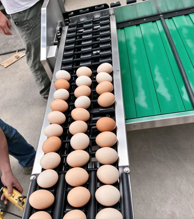 Huevos en el transportador de rodillos