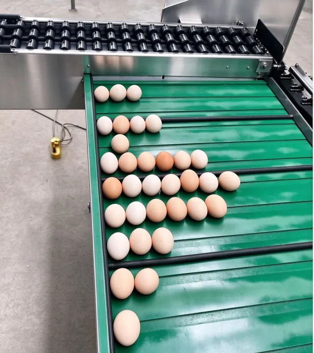 Huevos clasificados en los carriles de salida